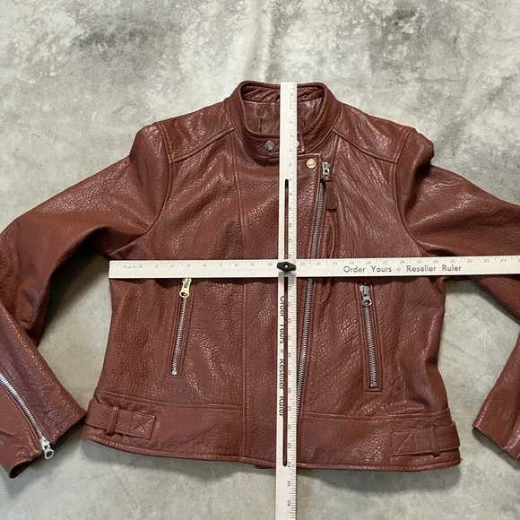 DEREK LAM 10 Crosby Lambskin Leather Moto Jacket Womens Brown‎ Cognac